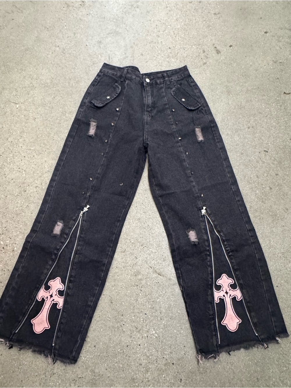 Black Wide-Leg Jeans with Pink Cross Appliqué